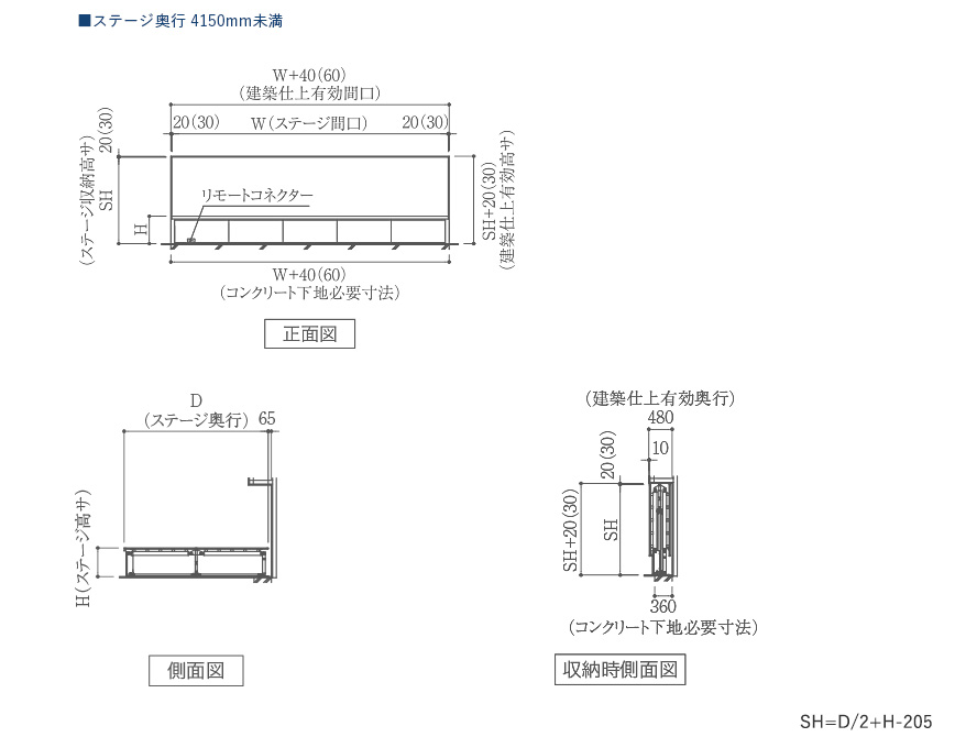 MTW-EW 電動式壁面収納折畳みステージ ステージ奥行 4100mm以下製品図面