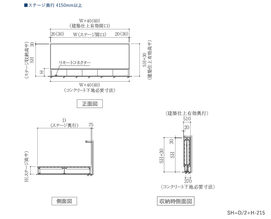 MTW-EW 電動式壁面収納折畳みステージ ステージ奥行 4101mm以上製品図面