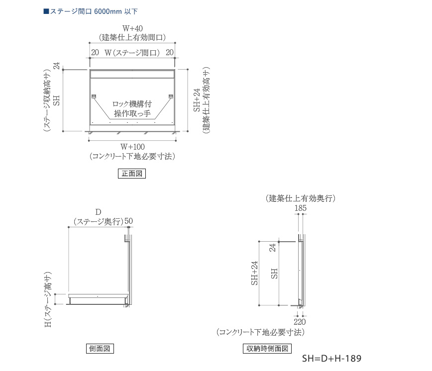 MTE-MW手動式壁面収納ハネアゲステージ ステージ間口 6000mm以下製品図面